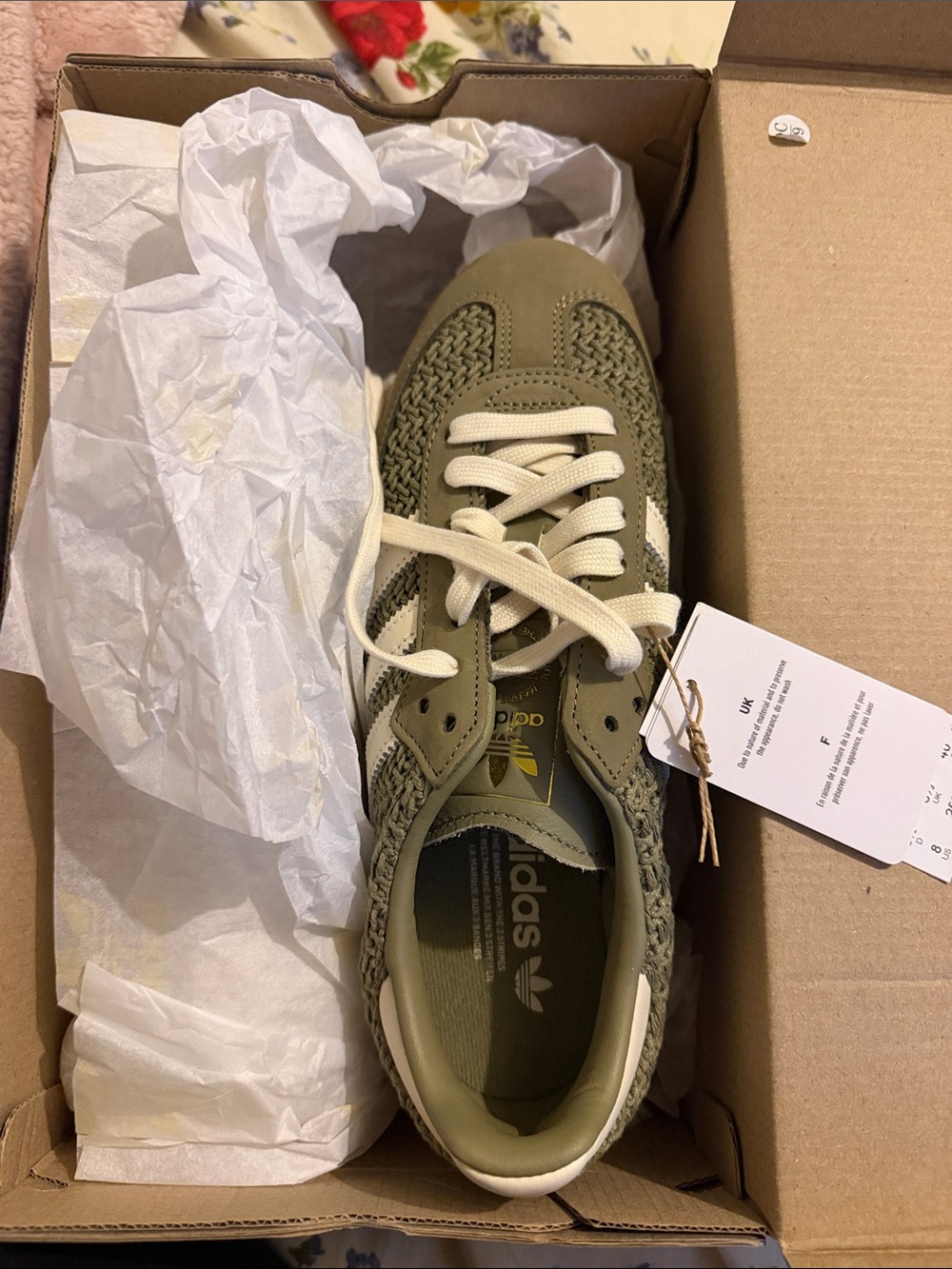 adidas Olive Woven Trainer with White Stripes and Gum Sole - Picture 2 of 4